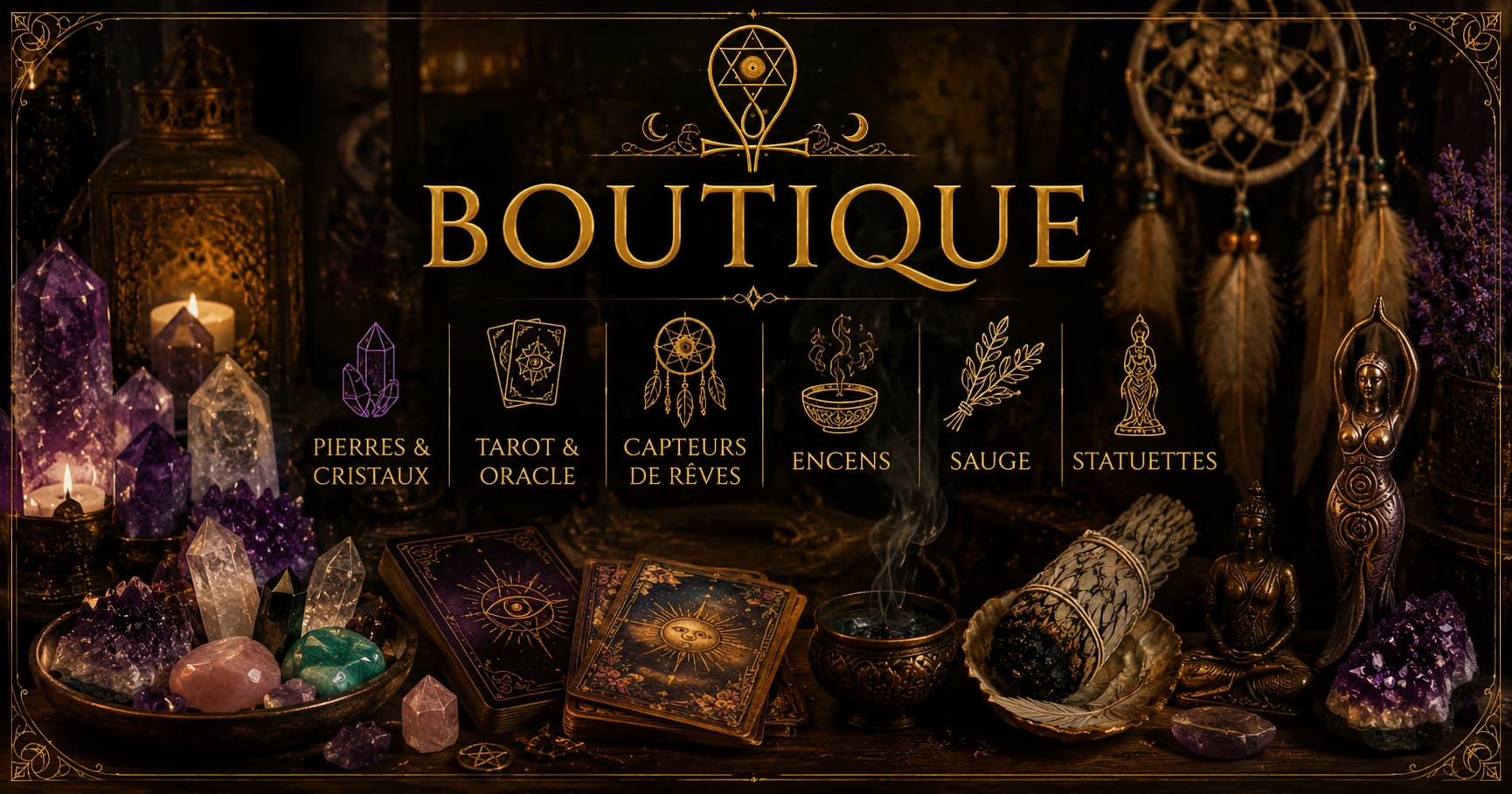 Cristaux, capteurs de rêves et objets rituels de la boutique