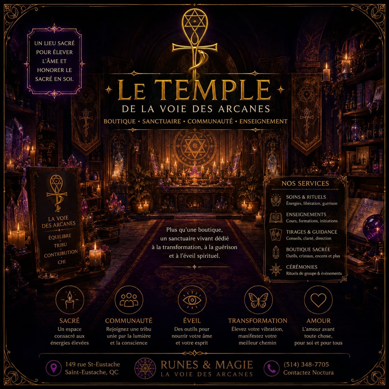 Intérieur du Temple, cristaux et lumières violettes